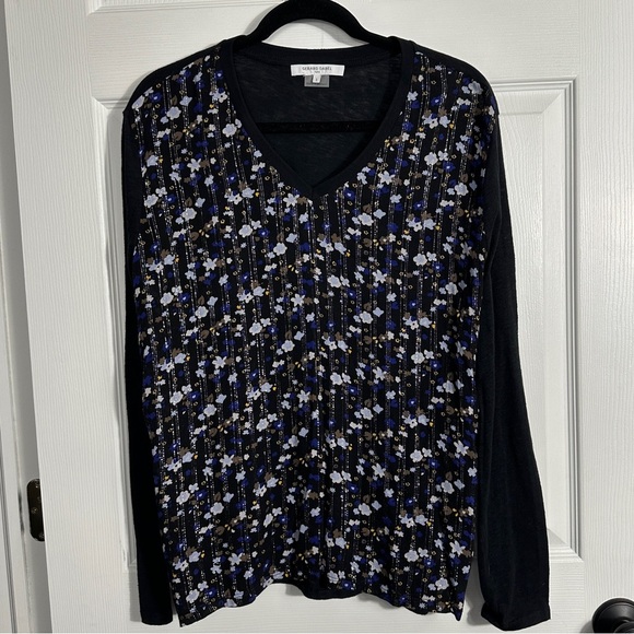 Gerard Darel Paris v-neck top, size 3 (US 12-14), floral/metallic, luxury, fall - Picture 1 of 11